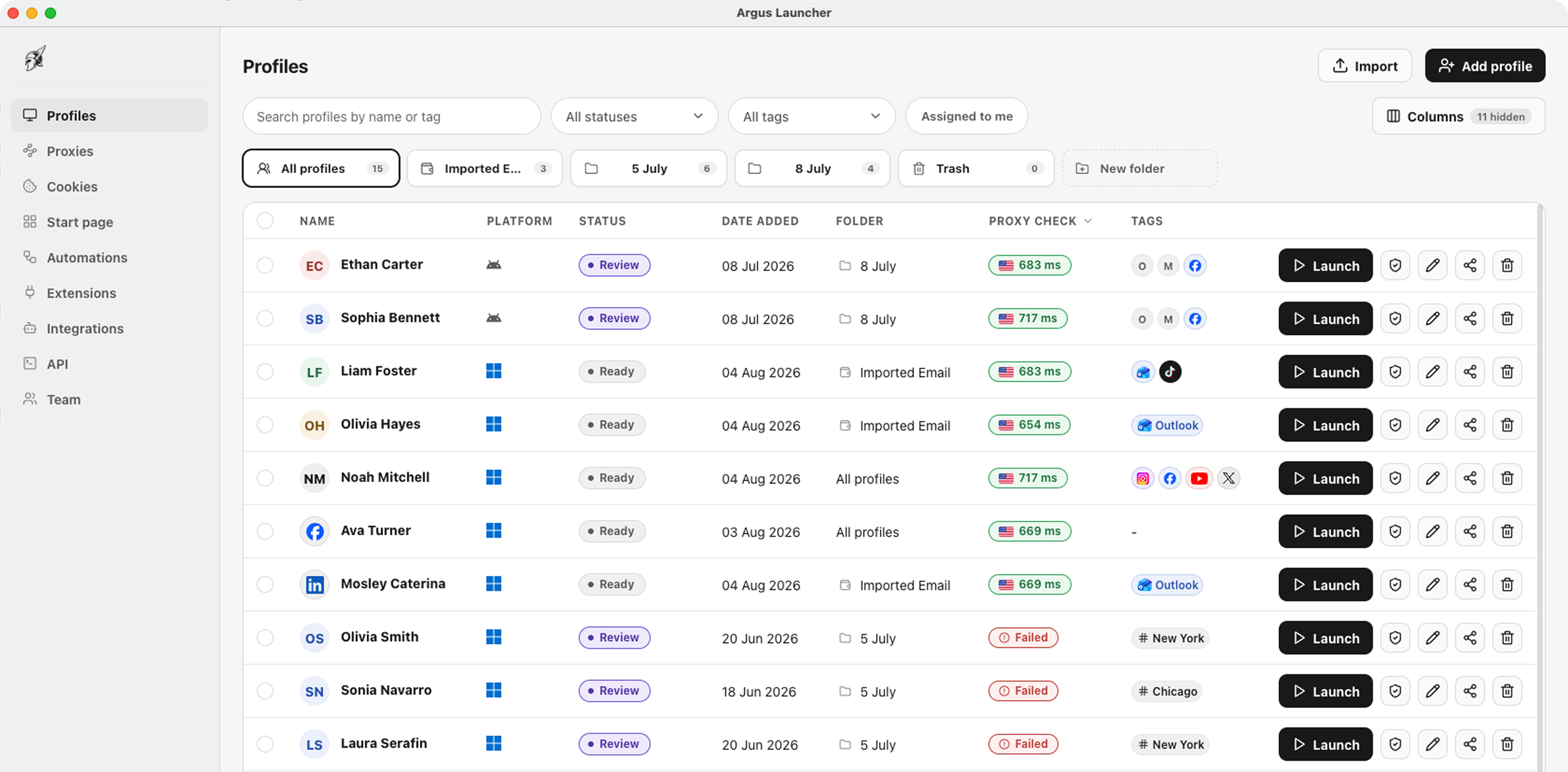 The Argus profiles table: launchable browser profiles with statuses, proxies, and tags