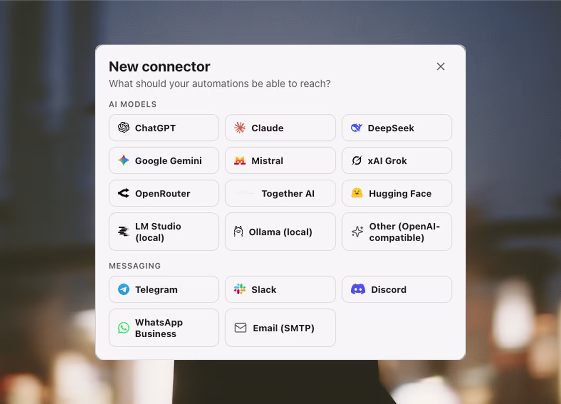 The new-connector picker listing twelve AI model presets, from ChatGPT and Claude to local LM Studio and Ollama, five messaging presets from Telegram to email over SMTP, and eight database and file presets from Supabase and Postgres to Redis and local files.