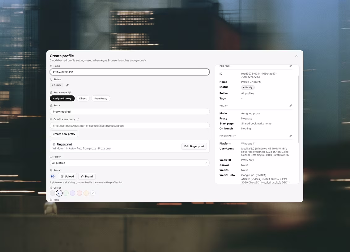 The create-profile dialog: proxy mode set to Assigned proxy with Direct and Free Proxy alongside, a fingerprint summarised as Windows 11 with WebRTC proxy-only and canvas noise, and a live preview of the stored profile on the right.