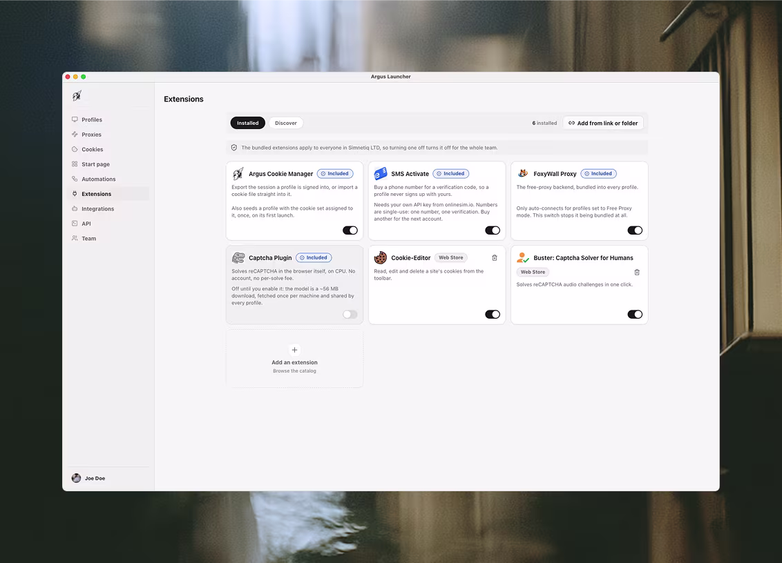 The extensions tab: six installed, four bundled extensions marked Included with per-card toggles, two Chrome Web Store entries, an Add from link or folder button, and a note that bundled extensions apply to the whole team.